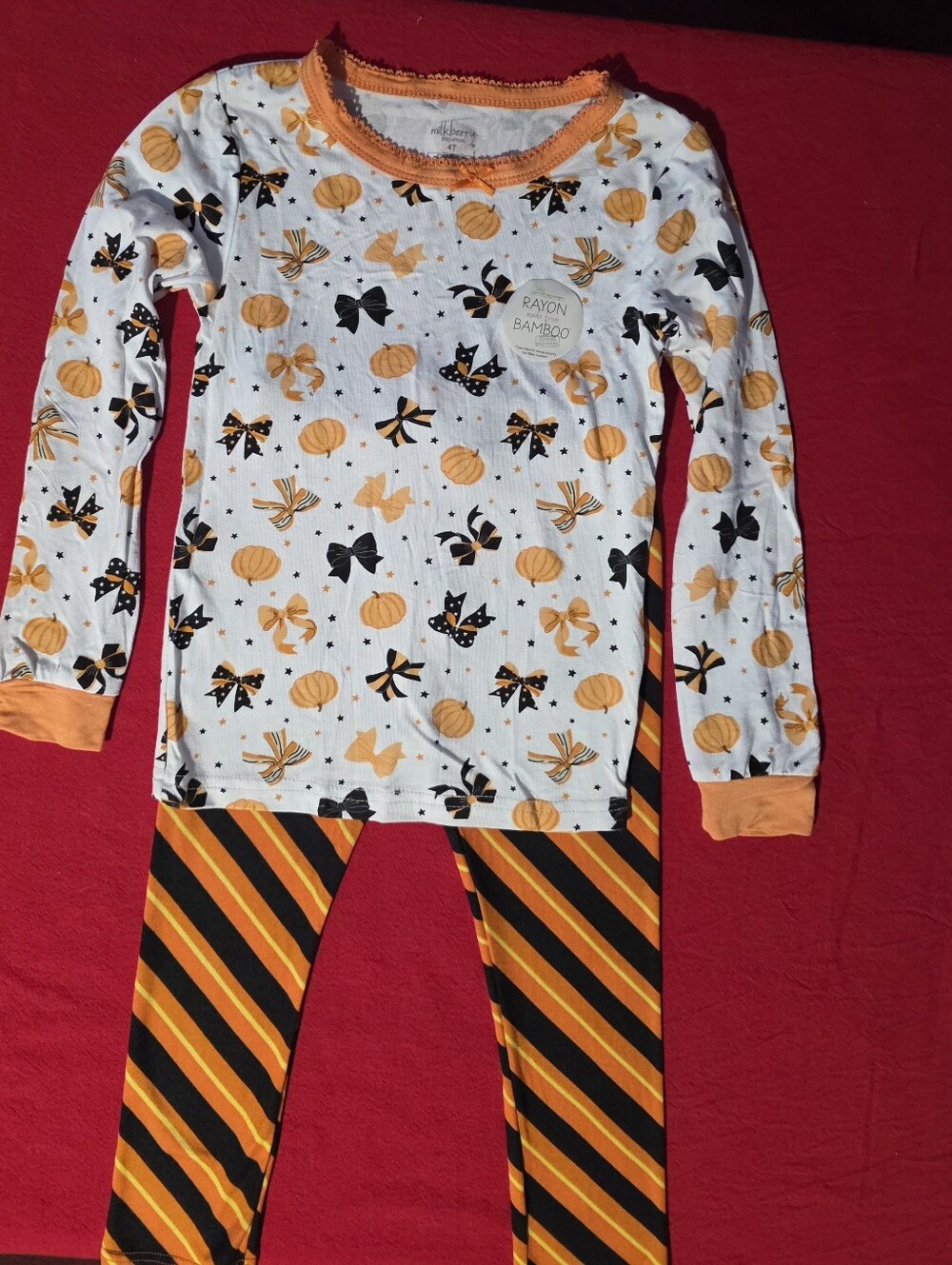 MIXED MATCHED Kids Halloween Pumpkin Bow Pajama Set -Top Bamboo 4T, Bottom 3T. ⁸